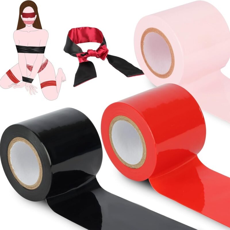 BDSM Bondage Restraints Tape Set – 3 Rolls Electrostatic Tape with Blindfold for BDSM Games Adult Sex Toys Bondage Tape Reusable Binding PVC Sex Things for Couples Kinky
