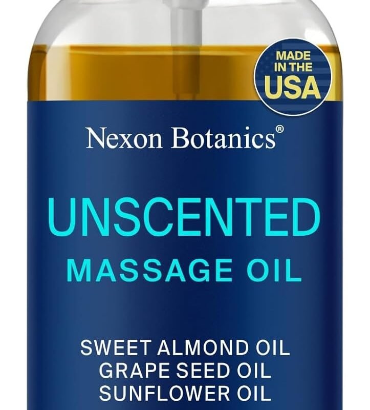 Unscented Massage Oil 8 fl oz - Hydrating Body Oil for Sensitive Skin & Muscle Relief - with Sweet Almond, Grape Seed & Sunflower Oils - Nexon Botanics