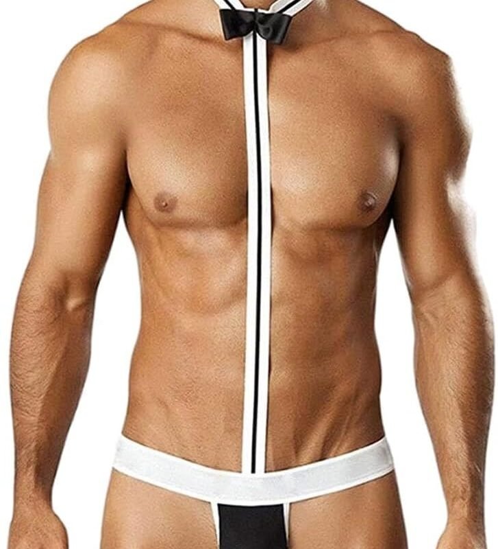 Men's Waiter Cosplay Bow Tie Bodysuit Thong Butler Teddy Costume Funny Novelty Gift