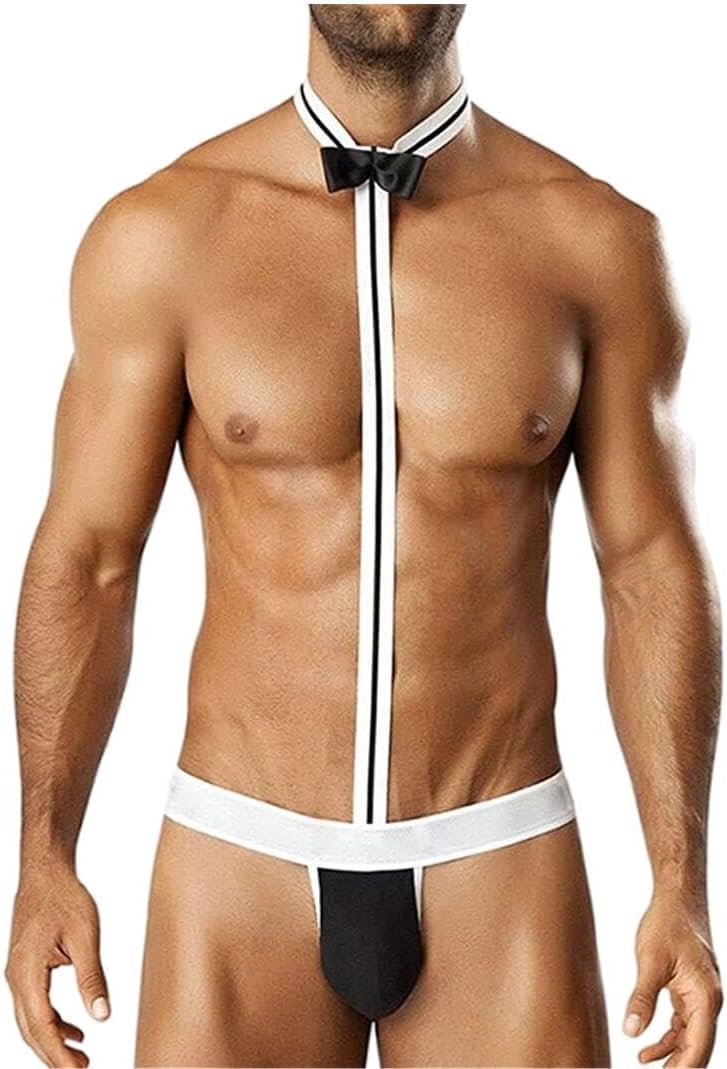 Men's Waiter Cosplay Bow Tie Bodysuit Thong Butler Teddy Costume Funny Novelty Gift