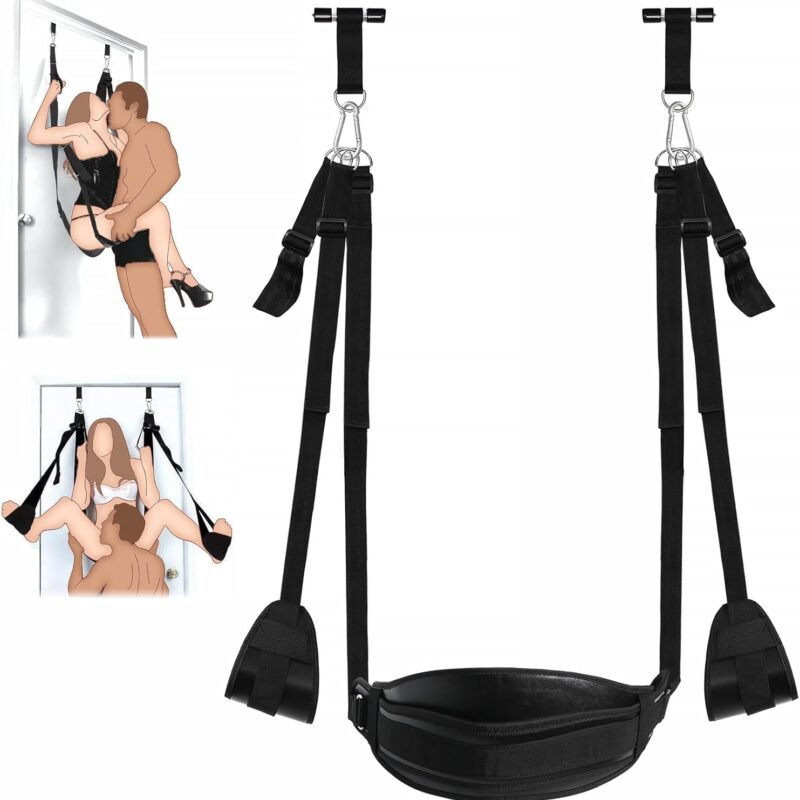 BDSM Door Sex Swing with Seat, Bondage Slave Leather Soft Plush Sex Slings with Adjustable Straps, Hanging Door Handcuffs Leg Restraints Spreader Kinky Adult Sex Toys for Couple, Holds up to 300lbs