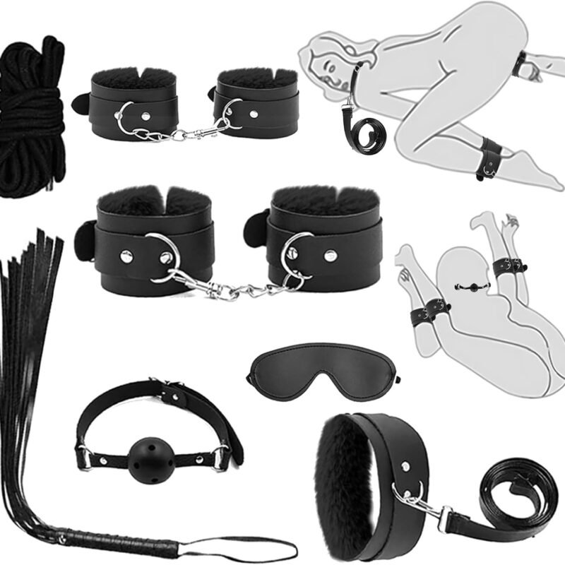Sex Bondage Kits, BDSM Restraint Toys 7 Pcs, Handcuffs, Ankle, Cuffs, Clamps, Ball Gag, Blindfold, Rope, Leather, Restraints Set, SM Sexy Slave Beginner Role Play Toy, BDSM Kits (Black)