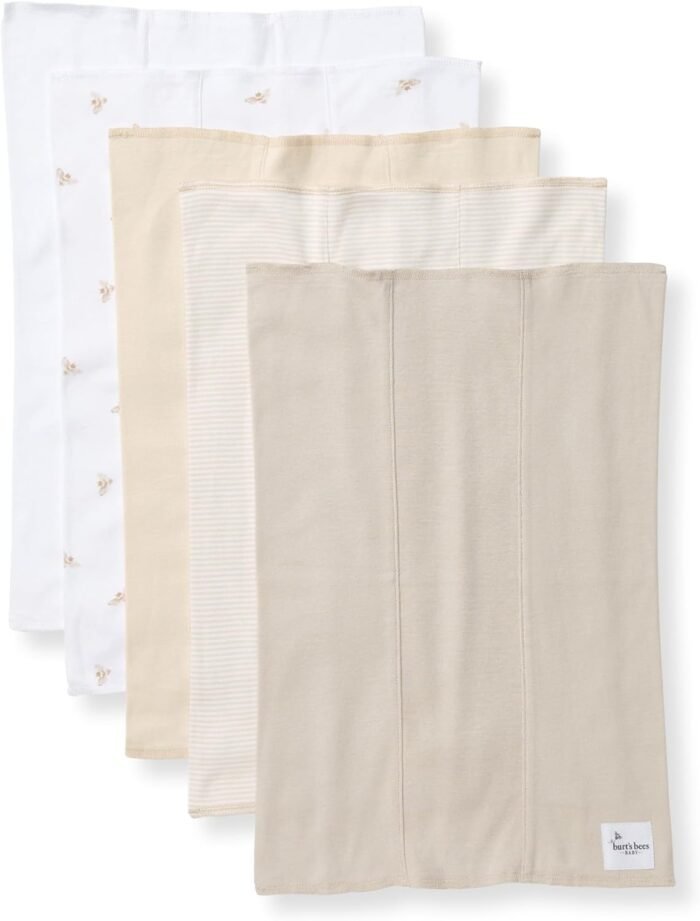 Burt's Bees Baby Infant Burp Cloths, 100% Organic Cotton Extra Absorbent Soft Fabric Drool Cloths, 5-Pack Newborn Must-Have Essential Large Burping Cloths, One Size 17 x 11.75 Inches