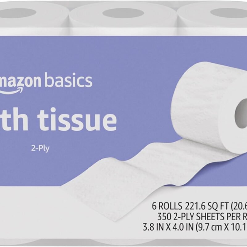Amazon Basics 2-Ply Toilet Paper 6 Rolls = 24 Regular Rolls, 350 Sheets, (1 Pack of 6), Unscented