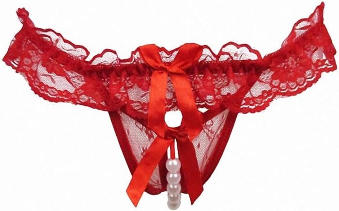 Women Pearl Lace Bowknot Beads Lace Panties Erotic Thong Lingerie Underwear - Image 2