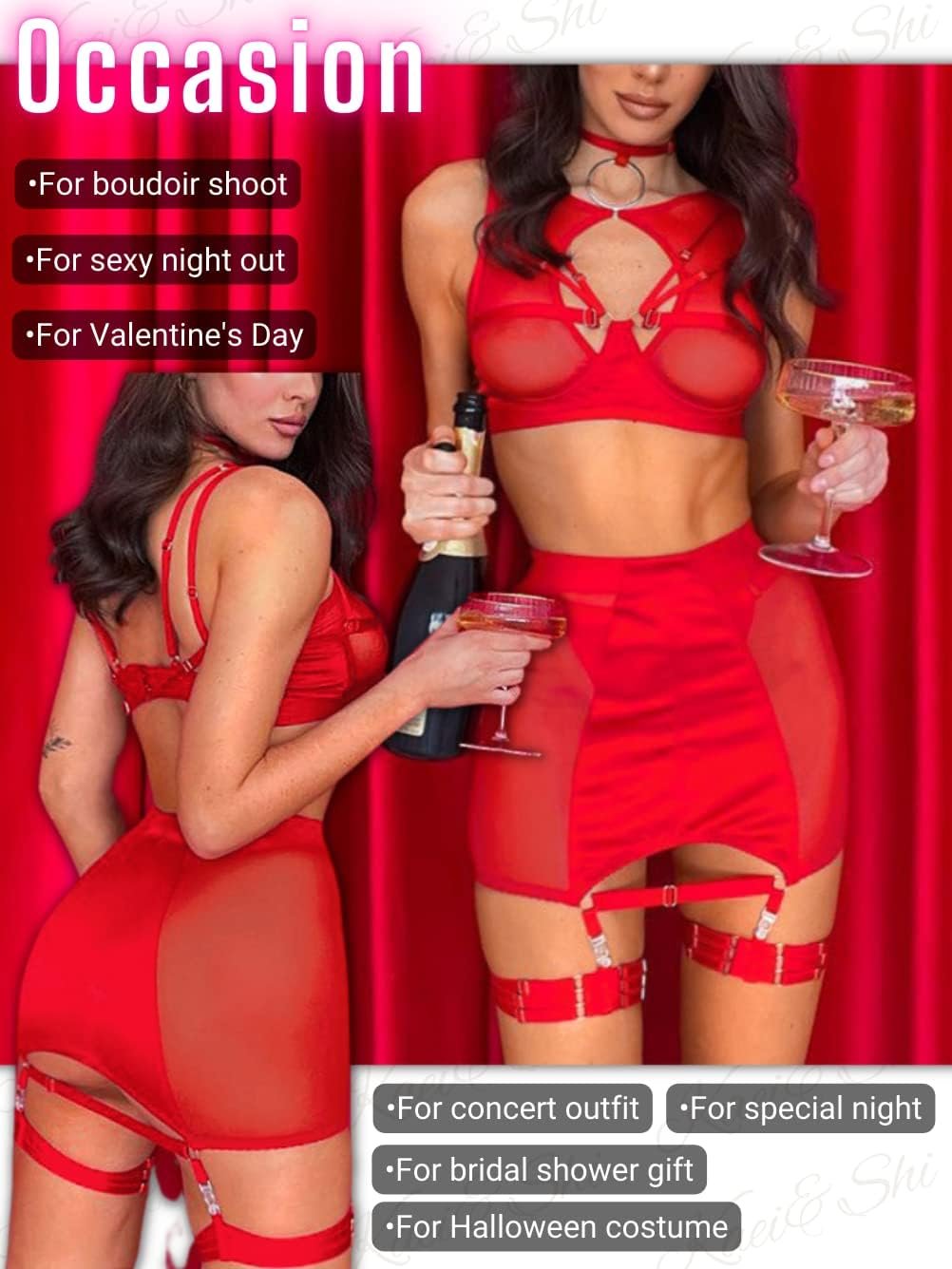 Kaei&Shi Garter Lingerie for Women, Strappy High Waisted Skirt G String 4 Piece Sexy Exotic Lingerie Outfits Set Boudoir - Image 5