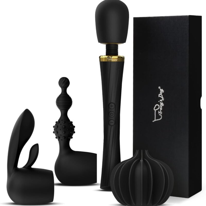 Tracy's Dog Wand Vibrator Kit for Couples, Powerful Cordless Vibrating Wand with 3 Attachments for Clitoral, G-Spot & Anal Stimulation, 5 Vibration Modes & 3 Speeds, Adult Sex Toys for Women & Partner