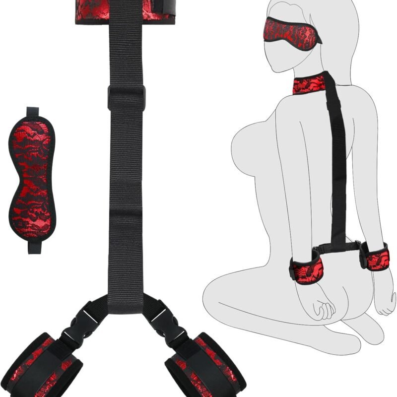 BDSM Bondage Kit Adult Sex Toys for Couple Adjustable Neck to Wrist Restraints Behind Back Handcuffs Collar with Blindfold Bondage Set Bed Sex Game Play