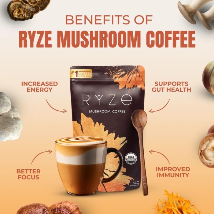 RYZE Mushroom Coffee | 6 Adaptogenic Mushrooms | USDA Organic | Instant Coffee | MCT Oil | USA Grown | Better Energy, Focus, Digestion, Immunity | Cordyceps, Lion’s Mane, Turkey Tail | 30 Servings - Image 2