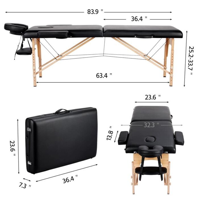 Yaheetech Massage Table Portable Lash Beds Spa Bed Massage Couch Foldable Spa Tables Adjustable 2 Fold with Non-Woven Bag 24 inch, Black - Image 6