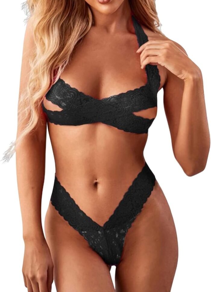 Women's Exotic Lingerie Sets Sexy Lace 2 Pieces Bra and Panty Outfits Mini Babydoll Lingerie Set Strappy Outfits