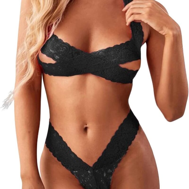 Women's Exotic Lingerie Sets Sexy Lace 2 Pieces Bra and Panty Outfits Mini Babydoll Lingerie Set Strappy Outfits