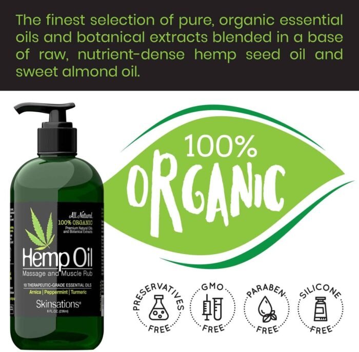 Skinsations – Hemp Massage Oil & Sore Muscle Rub | 100% Organic, 10 Essential Oils for Natural Relief, Arnica, Turmeric, Peppermint, Lavender in a Sweet Almond Oil and Hemp Seed Oil Base - Image 5