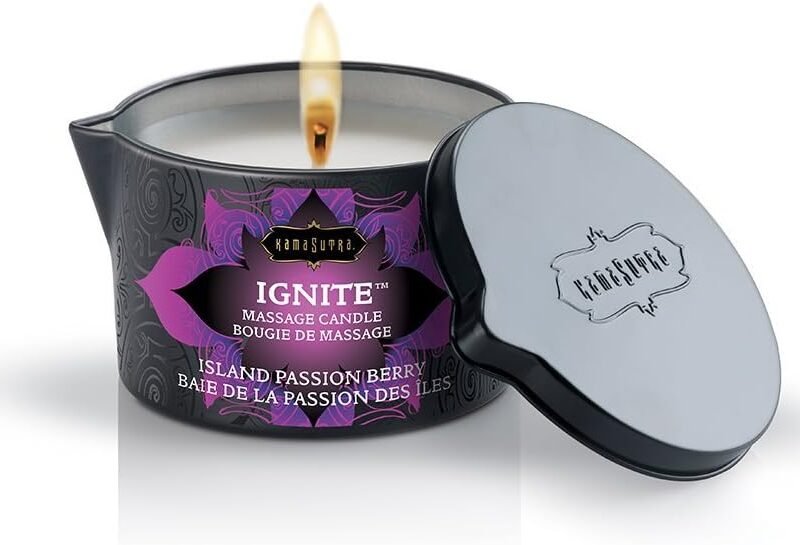 KAMA SUTRA Ignite Massage Candle - Coconut Oil and Soy Based - Island Passion Berry, 6 oz Candle Melts into a Warm Massage Oil, Couples Massage, Pour Spout Massage Candle