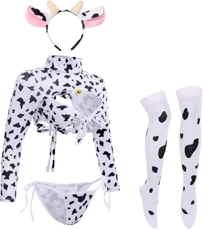 IBTOM CASTLE Sexy Cow Dalmatian Furry Milk Leopard Costume Kawaii Outfit Anime Bikini Bra Lingerie Set for Women - Image 2
