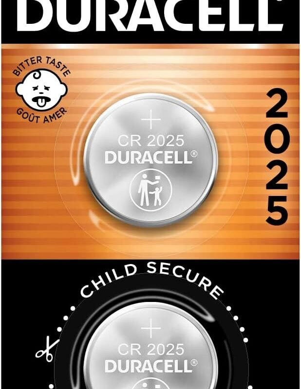 Duracell CR2025 3V Lithium Battery, Child Safety Features, 2 Count Pack, Lithium Coin Battery for Key Fob, Car Remote, Glucose Monitor, CR Lithium 3 Volt Cell