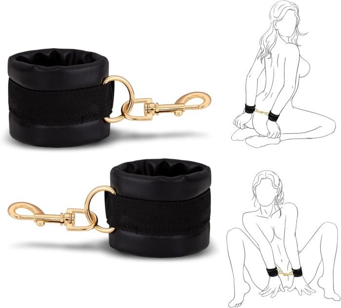 BDSM Bondage Restraints Sex Toys - Adjustable Soft Leather Handcuffs Ankle Cuffs Adult Toy, Furniture Restraint Kit for Men Women Couples SM Game Play | Black