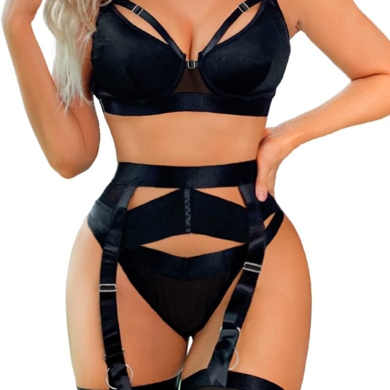Garter Lingerie for Women,Sexy Lace Lingerie,Sheer Matching 4 Piece Lingerie Set