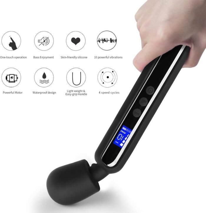 Vibrator Wand Sex Toy Cordless Wand Massager for Clitoral Stimulation, Wand Vibrator G Spot Vibrating Wand for her with LCD Display 10 Patterns & 4 Speeds for Women Female Full-Body Massage (Black) - Image 3