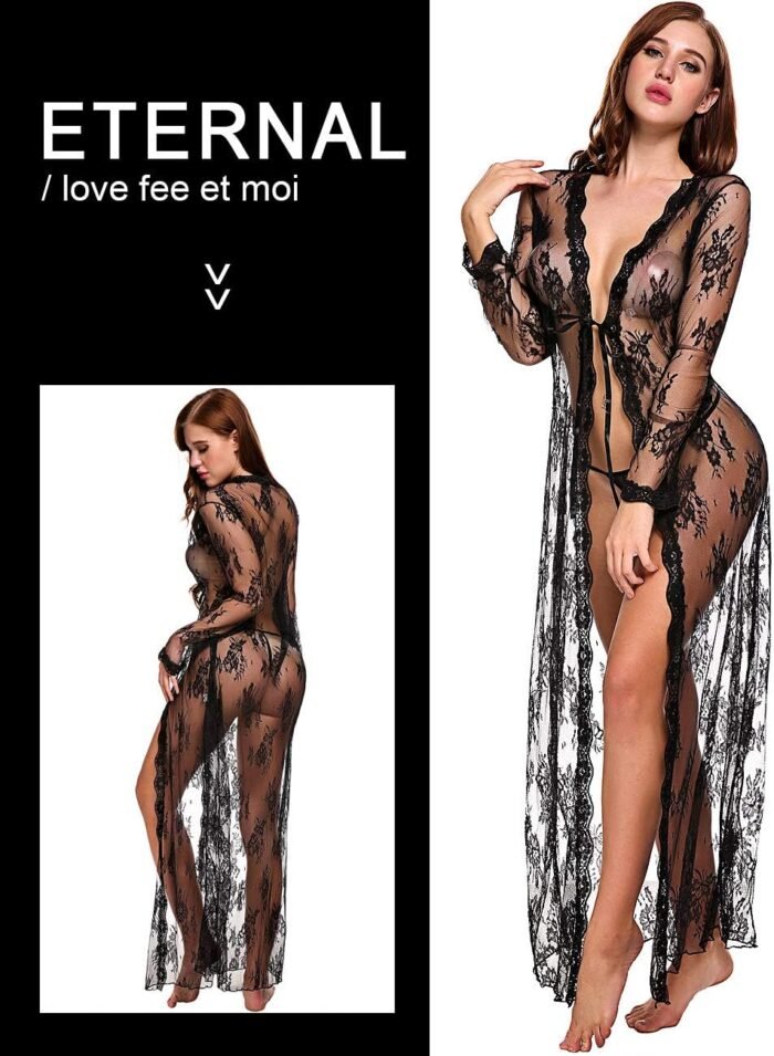 Lingerie for Women Sexy Long Lace Dress Sheer Gown See Through Kimono Robe - Image 3
