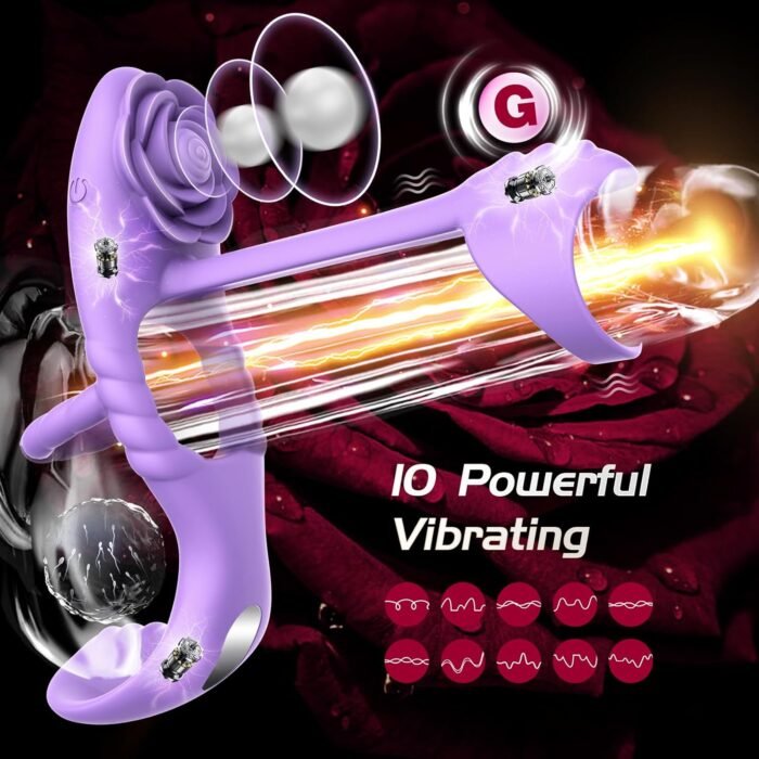 Vibrating Cock Ring Vibrator for Couples, Erection Penis Ring Sex Toys with Rose Clitoral Stimulator, Male Sex Toy with 10 Vibrations for Penis Testicles Stimulation, 4 in 1 Adult Toy for Men Women - Image 3