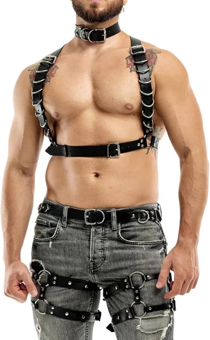 Men's Harness Belt Costume with Leather Bandage Collar, PU Leather Body Chest for Men, Sexy Punk Body Harness Belt, Adjustable Buckle Clothes Outfits, Nightclub Cosplay Clubwear - Image 5
