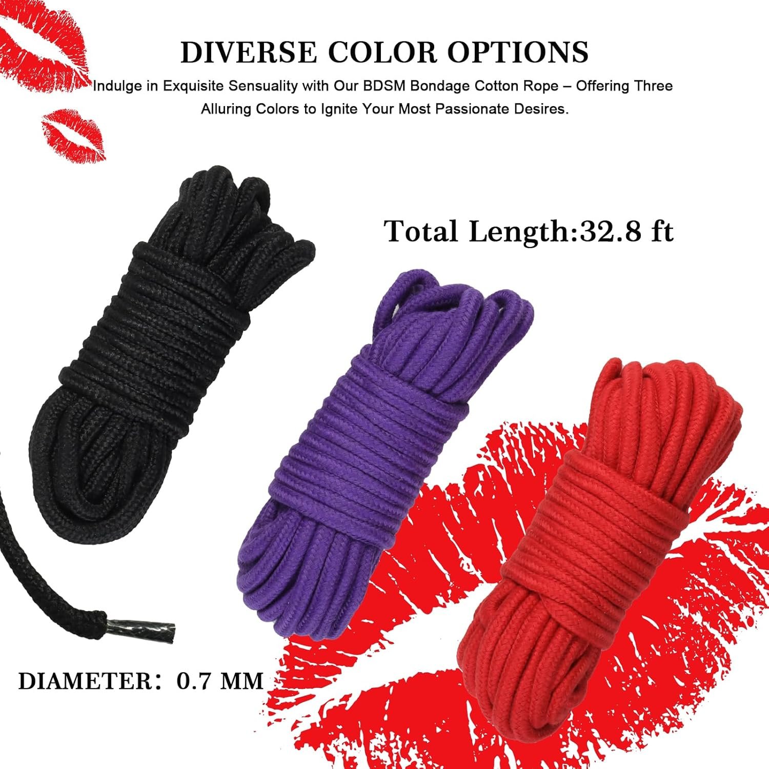 Fumwase BDSM Shibari Rope Kit Sex Bondage Rope 3pcs 32 Feet 10m 7mm Soft Cotton BDSM Beginner Kit Rope Black Red Purple Adult Sex Toys for Women Men Couples - Image 2