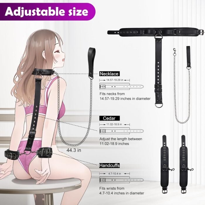 BDSM Bondage Sex Restraints Set Couples Sex Toys, Neck to Wrist Restraints Kit with Traction Chain Back Sex Handcuffs Collar Adjustable Bondage Gear Accessories SM Sexy Slave Beginner Role Play Toy - Image 6