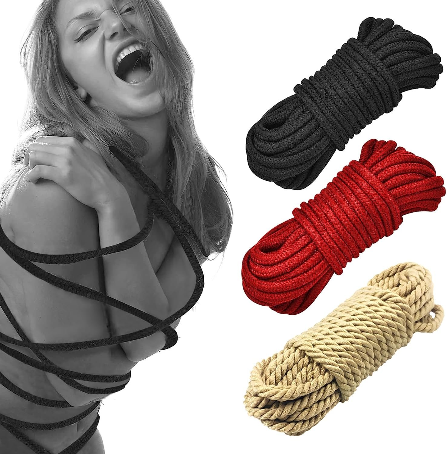 Prosixtoy BDSM Shibari Bondage Rope Restraint Kit for Sex - 3-Pack 49Ft/15M Soft Cotton Ropes SM Slave Fetish Tie-Ups Restraint Kit, Adult Sex Toys BDSM Toys, Red&Black&Yellow