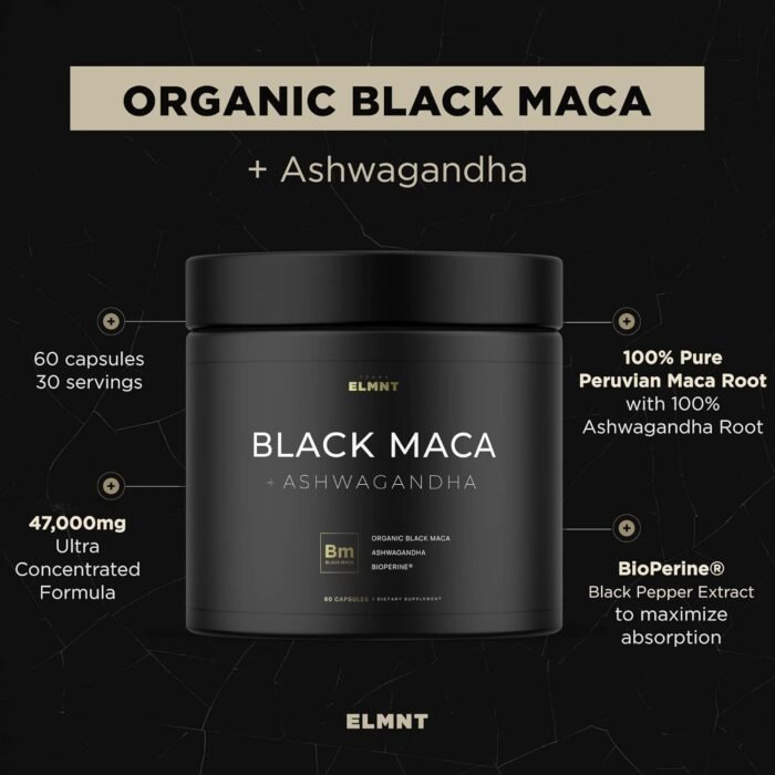 ELMNT 40,000mg 40x Strength Organic Black Maca Root + Ashwagandha - #1 Highest Potency Black Maca Root Capsules for Men Supplement 100% Pure Maca Peruana 40:1 Extract Maca Powder Pills Male Booster - Image 6