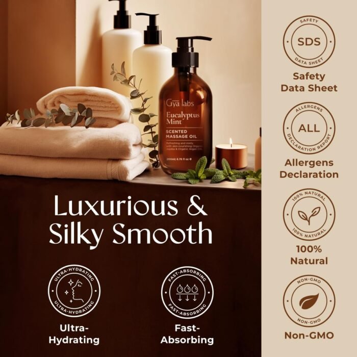 Gya Labs Eucalyptus Mint Massage Oils - 6.76 Fl Oz - 100% Pure Natural Refreshing Aromatherapy Body Massage Oil for Sore Muscles - with Jojoba, Argan, Sunflower, Almond, Vitamin E & Eucalyptus - Image 6