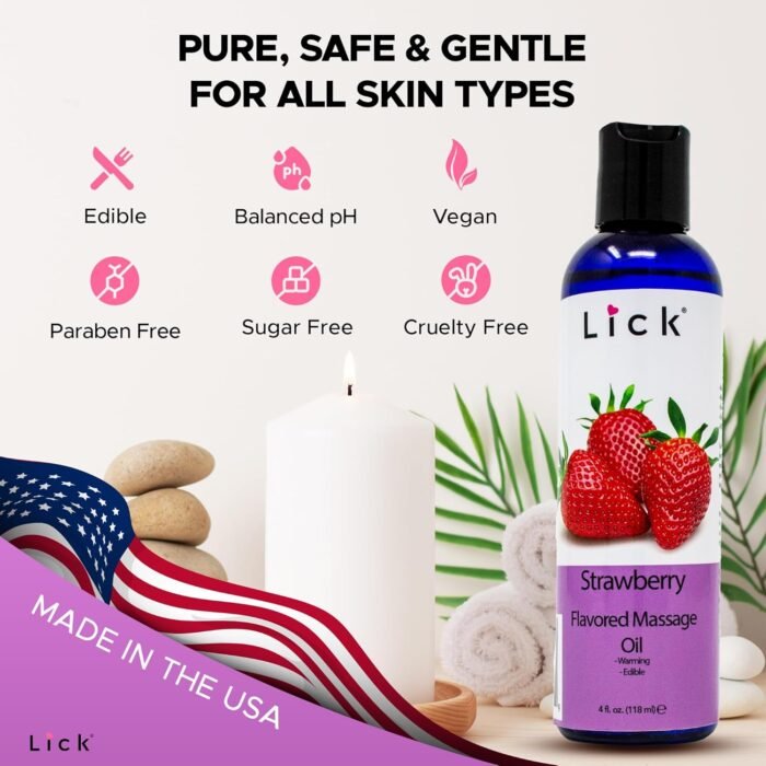 Lick Strawberry Flavored Massage Oil with Natural Vitamin E - Aromatherapy & Moisturizing Body Oil for Relaxing Muscle Massage - Essential Non-Sticky Skin Therapy for Men and Women - 4 oz - Image 5