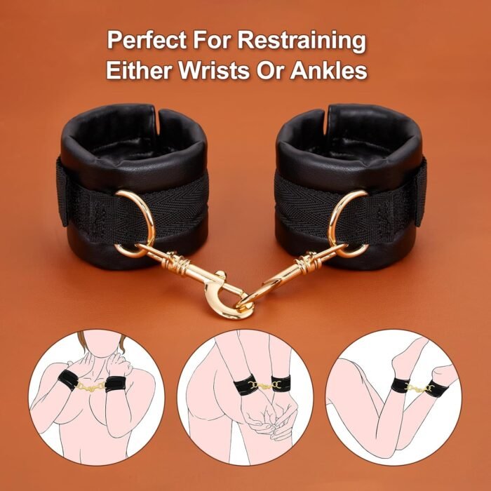 BDSM Bondage Restraints Sex Toys - Adjustable Soft Leather Handcuffs Ankle Cuffs Adult Toy, Furniture Restraint Kit for Men Women Couples SM Game Play | Black - Image 2