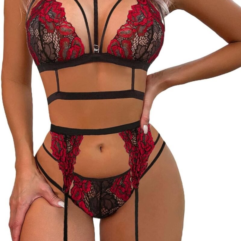 Avidlove Lace Garter Lingerie Set with Removable Choker Teddy Babydoll Strappy Bra and Panty Set (No Stockings)