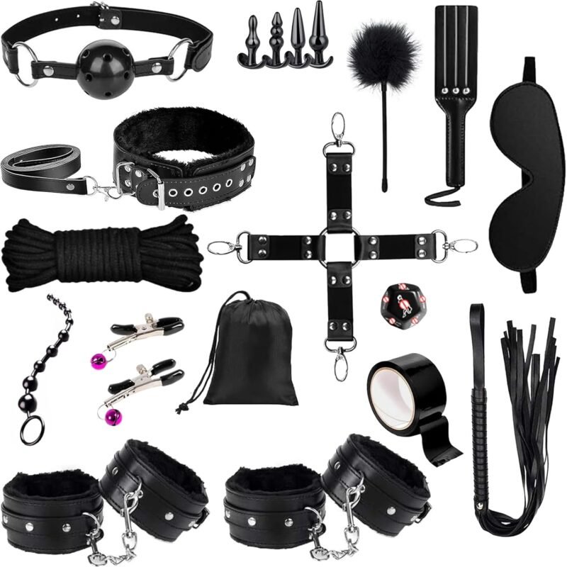 BDSM Bondage Restraints Kit, 23PCS Upgrade Leather Sex Toys Sets, Sex Accessories for Adults Couples with Storage Bag, Body-Safe Sexual Pleasure Tools for Women and Men