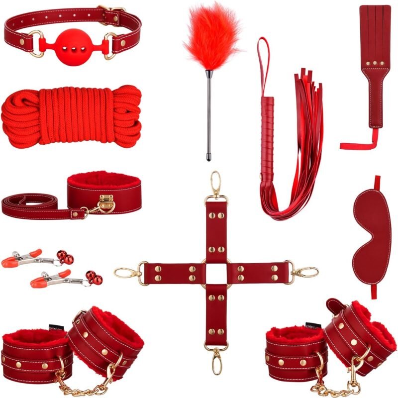 Sex Bondage BDSM Kit Restraints - UTIMI Upgrade 11PCS Sets with Adjustable Handcuffs Collar Ankle Cuff Blindfold Feather Tickler Adult Games Sex Toys for Men Women and Couples Foreplay | Red