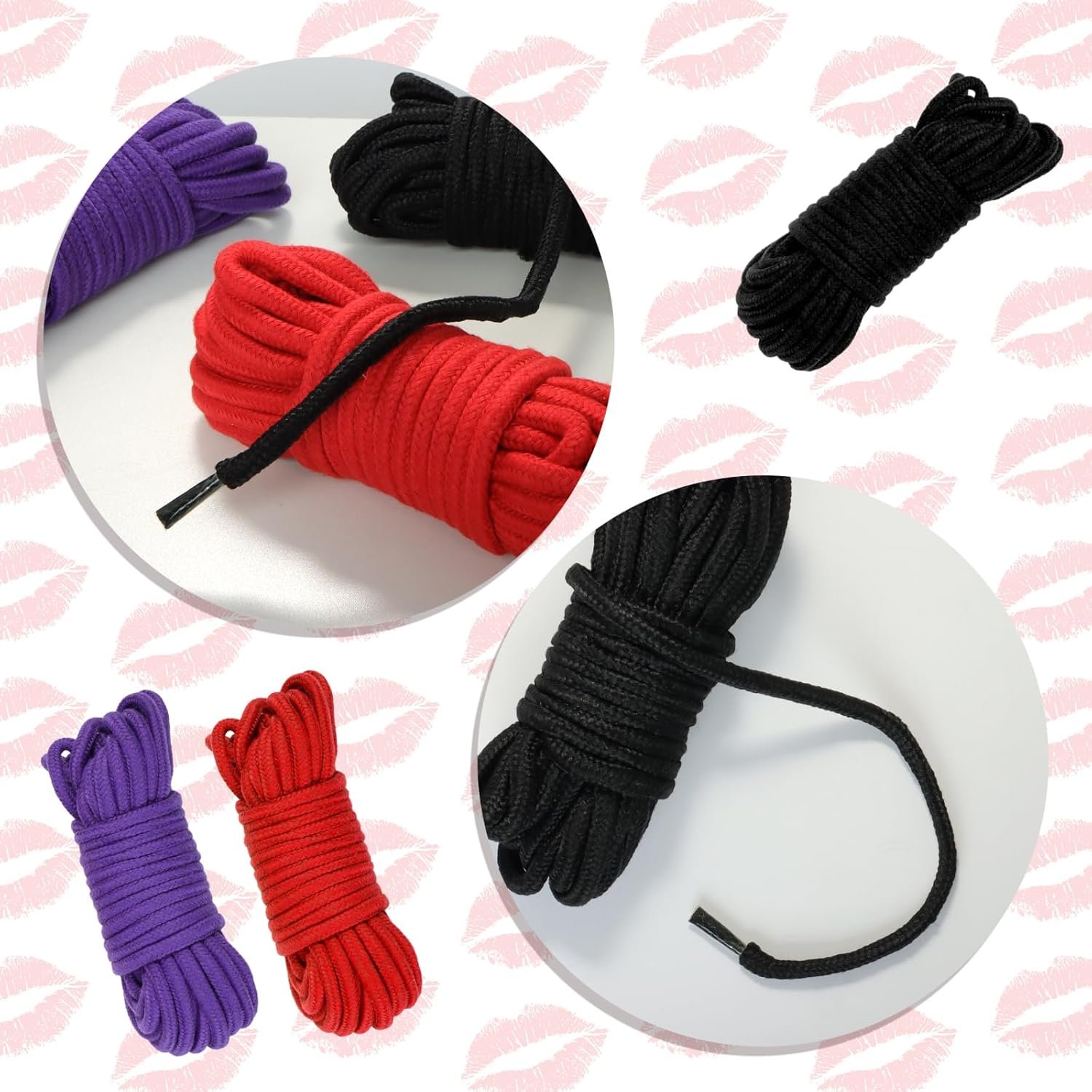Fumwase BDSM Shibari Rope Kit Sex Bondage Rope 3pcs 32 Feet 10m 7mm Soft Cotton BDSM Beginner Kit Rope Black Red Purple Adult Sex Toys for Women Men Couples - Image 3
