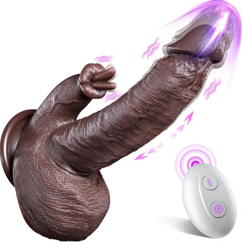 Thrusting Dildo Vibrator Sex Toys - 5-in-1 Silicone Suction Cup Black Dildo with 10 Thrusting, 10 Vibration & Heating Licking Modes, Remote Control Vibrator for Women and Men, Realistic Sex Toy