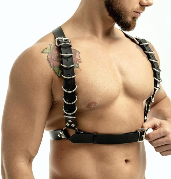 Men's Harness Belt Costume with Leather Bandage Collar, PU Leather Body Chest for Men, Sexy Punk Body Harness Belt, Adjustable Buckle Clothes Outfits, Nightclub Cosplay Clubwear - Image 2