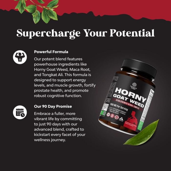 Horny Goat Weed for Men Enhancement - Extra Strength Male Enhancing Supplement with Black Maca Root, Tongkat Ali, Saw Palmetto & Panax Ginseng Extract for Stamina & Energy - 60 Capsules - Image 2