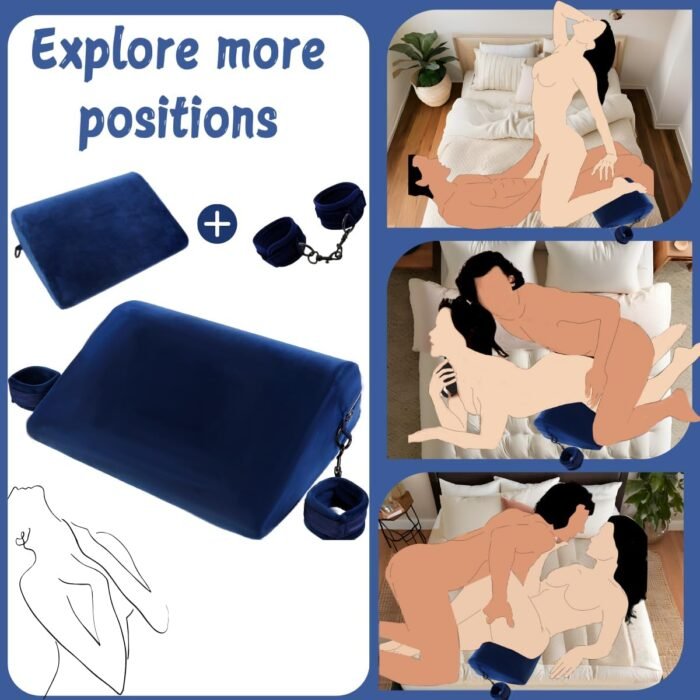 Sex Pillow Foam Sex Furniture Position Pillows with Restraints Handcuffs Set BDSM Bondage Foam Ramp Cushion with Wrist Cuffs Multifunctional Sex Toys Pillows for Couples (Blue) - Image 2