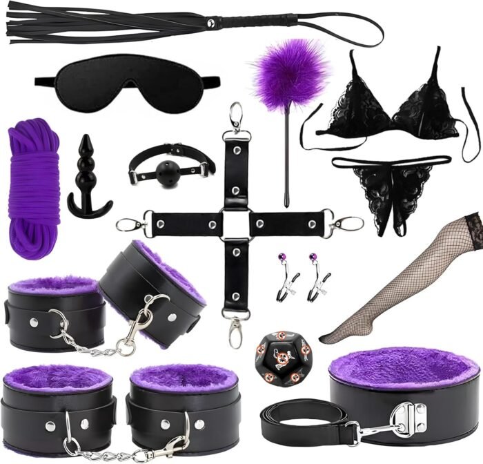 15 PCS Sex Bondage BDSM Kits Restraints, Fetish Handcuffs Ankle Cuff Collar Blindfold Whip Rope Nipple Clamps Paddle Anal Toys Ball Gag Adult Games Foreplay Sexy Toys for Couples