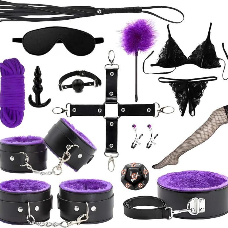 15 PCS Sex Bondage BDSM Kits Restraints, Fetish Handcuffs Ankle Cuff Collar Blindfold Whip Rope Nipple Clamps Paddle Anal Toys Ball Gag Adult Games Foreplay Sexy Toys for Couples