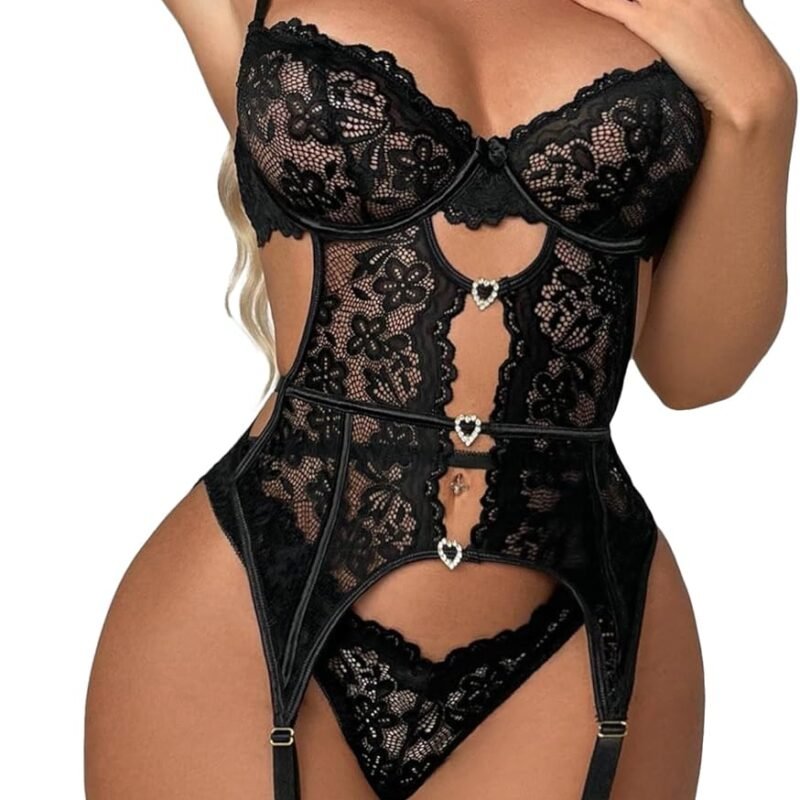 Avidlove Sexy Garter Lingerie Set for Women Lace Bodysuit Cut Out Rhinestone Underwire Teddy with Panty
