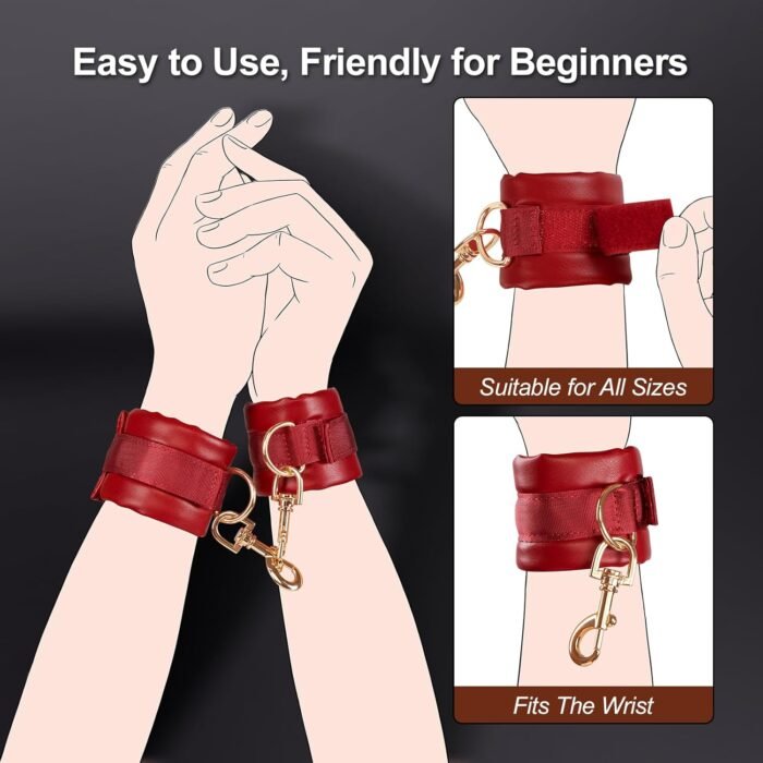 BDSM Bondage Restraints Sex Toys - Adjustable Soft Leather Handcuffs Ankle Cuffs Adult Toy, Furniture Restraint Kit for Men Women Couples SM Game Play | Red - Image 2