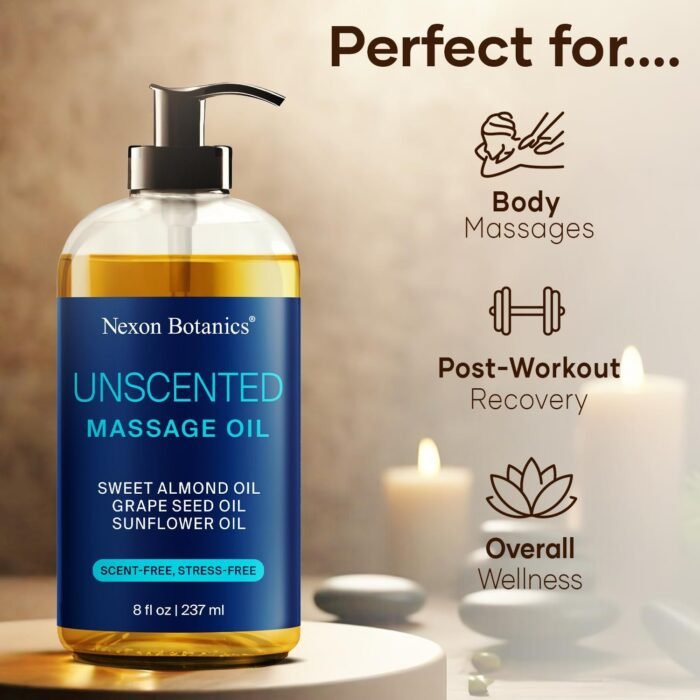Unscented Massage Oil 8 fl oz - Hydrating Body Oil for Sensitive Skin & Muscle Relief - with Sweet Almond, Grape Seed & Sunflower Oils - Nexon Botanics - Image 5