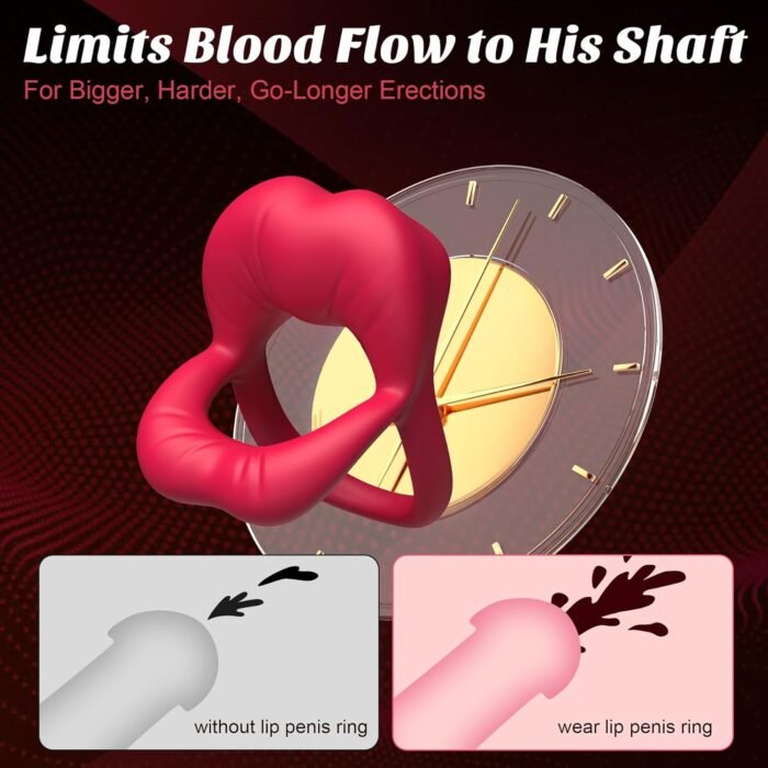 Vibrating Cock Ring with Sexy Lip Clitoris Stimulator, Sex Toys for Men Erection Couples Kinky Pleasure Vibrator Penis Ring Adult Toys Male Vibrators 9 Vibrations, Juguetes Sexuales Hombre, Rose - Image 2