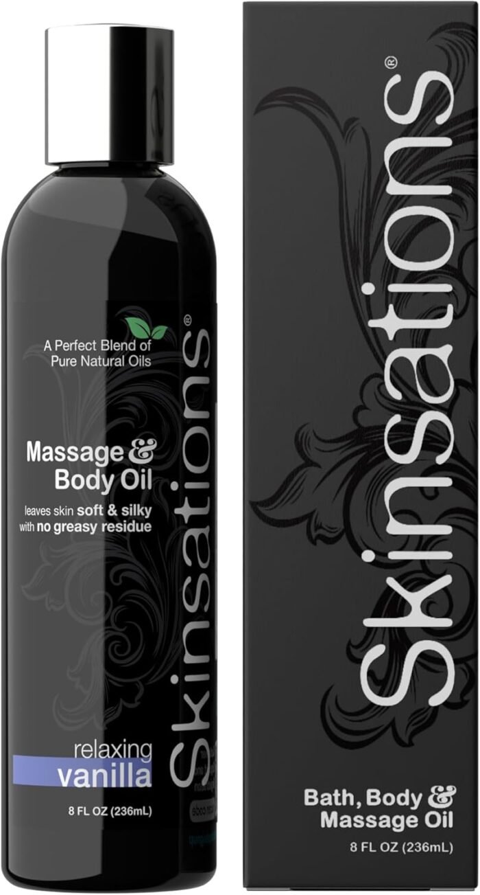 Skinsations - Vanilla Massage Oil for Massage Therapy - 8oz | Silky-Soft Blend of Sweet Almond Oil, Fractionated Coconut Oil, Grape Seed and Jojoba | Scented Body Oil, Gift Ideas