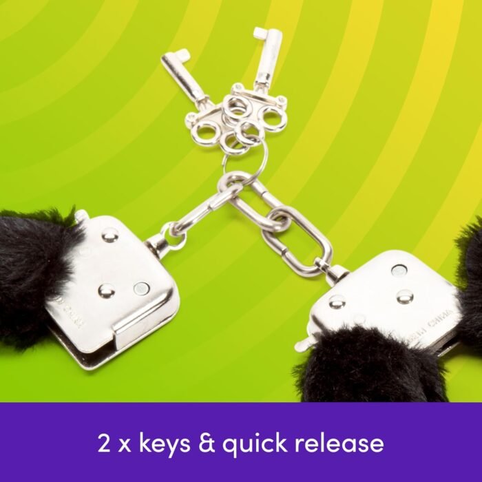 Lovehoney Fluffy Handcuffs - Metal Handcuffs with 2 Keys & Quick Release - Faux Fur Sexy Restraints for Couples - Black - Image 3