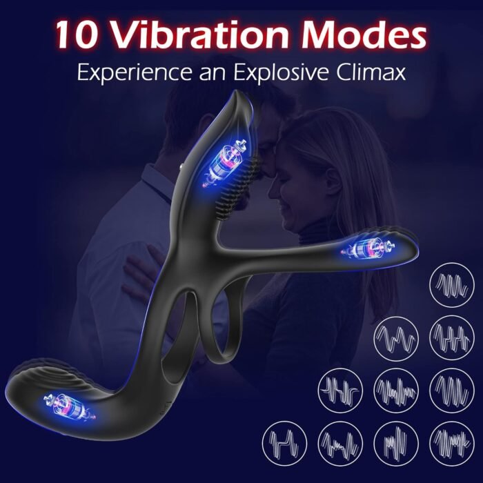 Vibrator for Couple, 3 in 1 Vibrating Cock Ring with 10 Modes, Men's Penis Vibrators, Perineum , G spot, Clitorals Stimulator for Women, Sex Novelties, Adult Sex Toys & Games Black - Image 2